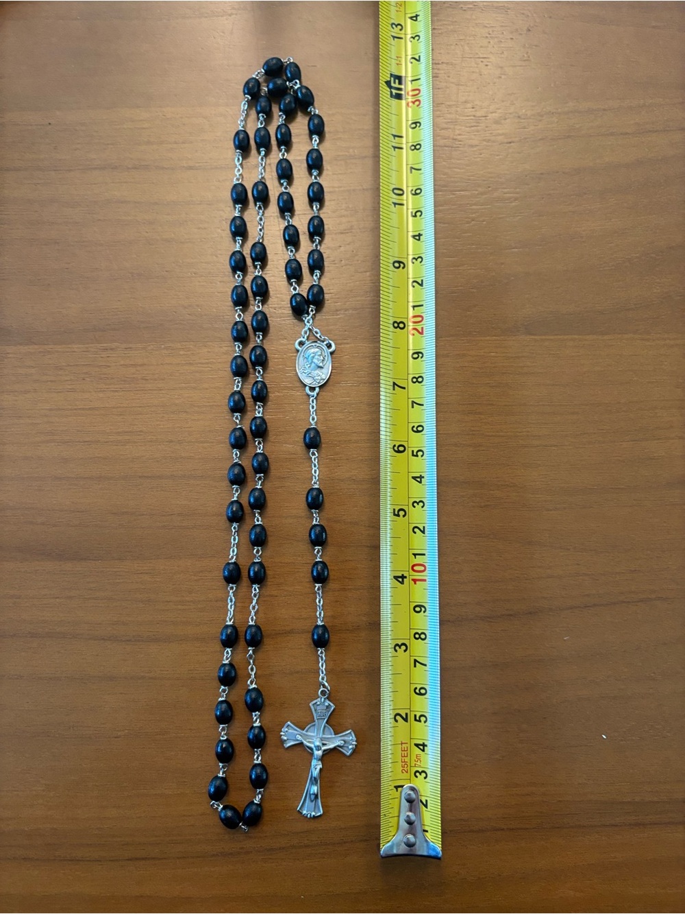 Black Wood Bead Rosary Necklace with Silver Cross from St Patrick’s Cathedral NY